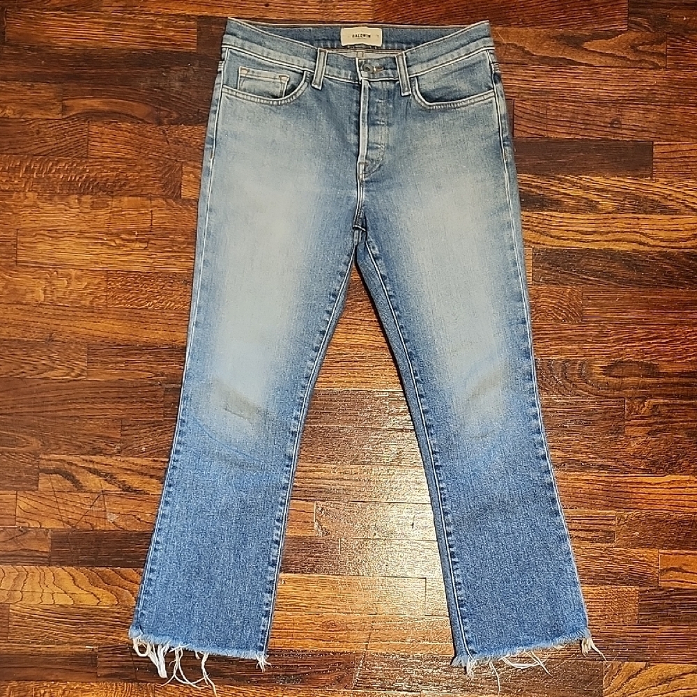EUC Baldwin The Maxwell Cropped Kick Flare Jeans Lighr Blue Faded Wash Raw Hem